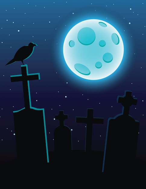 暗い青い空に月明かりの墓地のカラフルなイラスト 十字架と満月の墓 墓地に座っているワタリガラスとハロウィーンのデザインチラシ プレミアムベクター