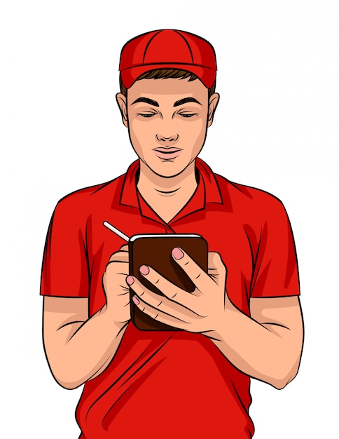 ペンとノートで制服を着た若い男のカラフルなイラスト 赤い制服を着たファーストフード店員が注文についてメモします プレミアムベクター