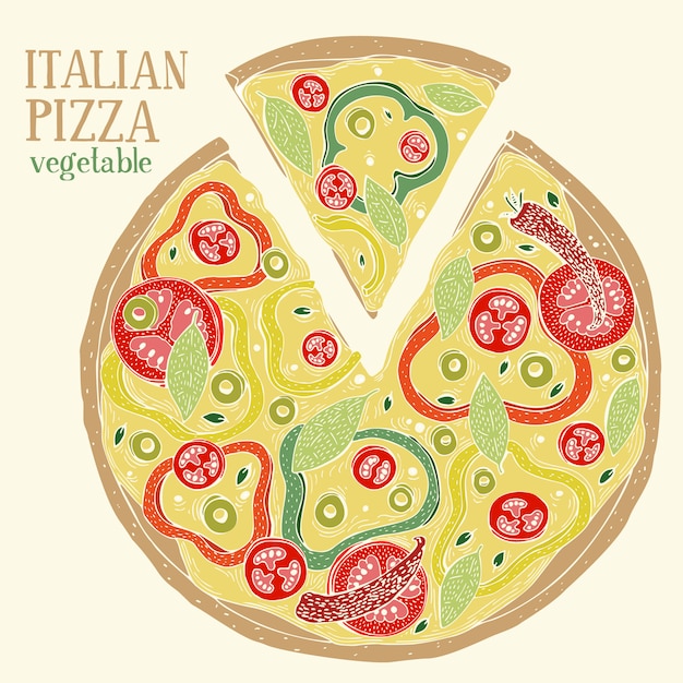 イタリアンピザペパロニのカラフルなイラスト 手描きの背景食品イラスト プレミアムベクター
