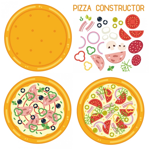 ピザコンストラクターのカラフルなイラスト 食材を使ったフラットスタイルのピザベース プレミアムベクター
