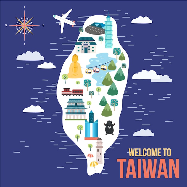 ランドマークと台湾地図のカラフルなイラスト 無料のベクター