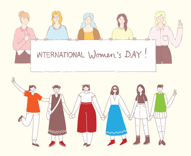 幸せな女の国際色豊かな日のカラフルなイラストのコンセプト 幸せな女友達 フェミニストの連合 フラットなデザインでプラカードを持っている姉妹 プレミアムベクター