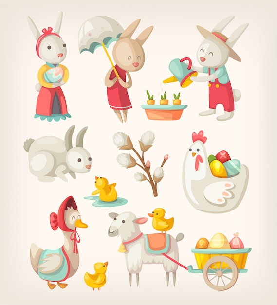 春休みのイースターのキャラクターと動物のカラフルな画像 イラスト プレミアムベクター