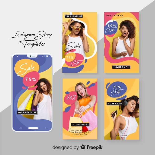 Colorful instagram stories templates Free Vector