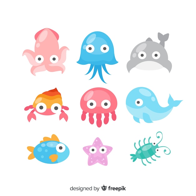 Free Vector | Colorful kawaii sea animals collection