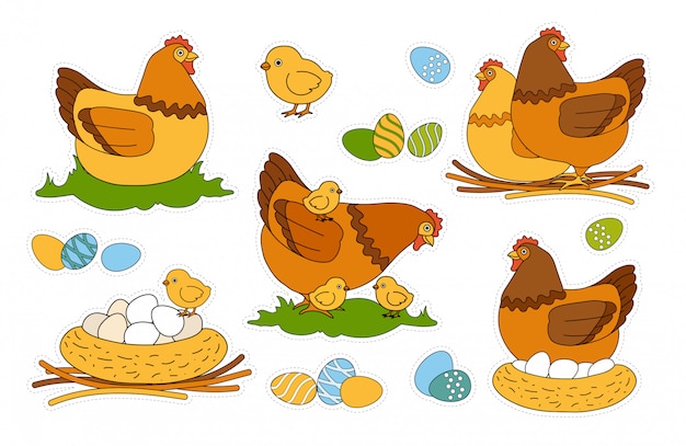カラフルな子供のイースター幸せな休日のステッカーパックの色と装飾の卵 ひよこ ひよこと歩いて鶏 ひなに座っているひな鶏 国内の鳥 子供のゲームをカットして接着します プレミアムベクター