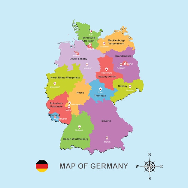 Colorful map of Germany with capital city on blue background vector ...