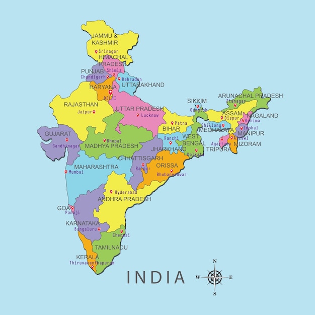 Colorful map of India with capital city on blue background. Vector ...