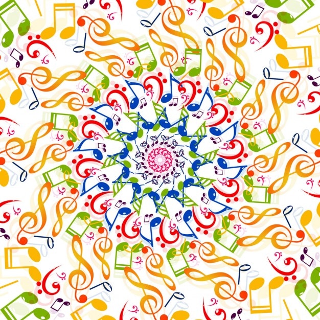 musical notes and art supplies in a colorful wave