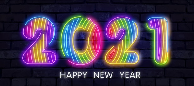 Colorful neon 2021 happy new year neon banner. realistic ...