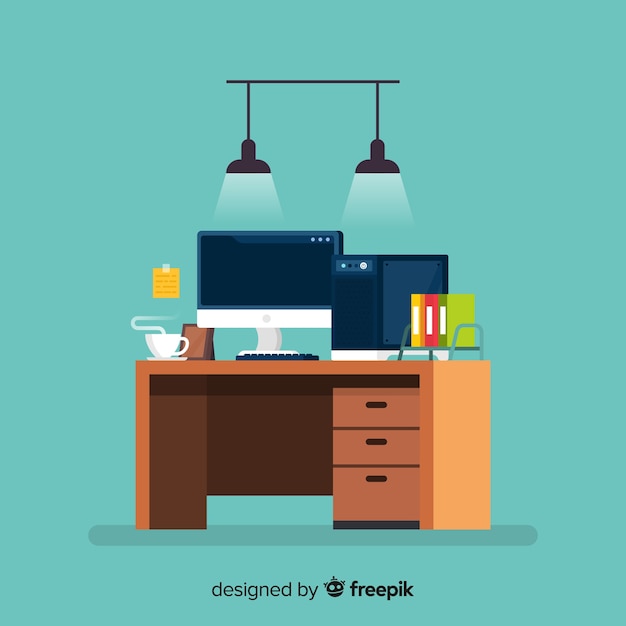 Colorful office desk with flat design