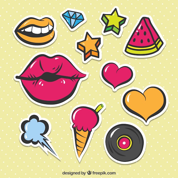 Colorful pack of cute stickers | Free Vector