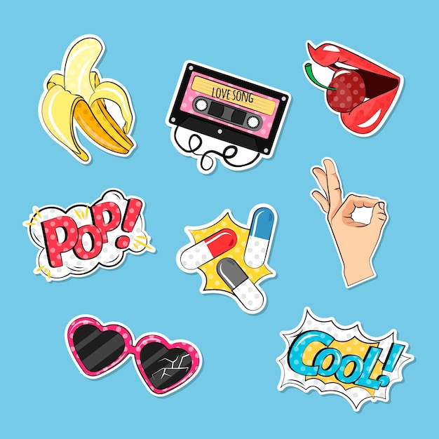 Colorful pack of comic stickers Free Vector Colorful pack of comic stickers Free Vector