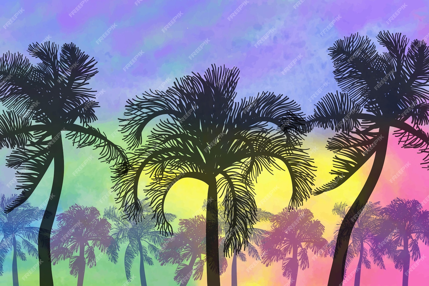 Colorful Palm Silhouettes Background