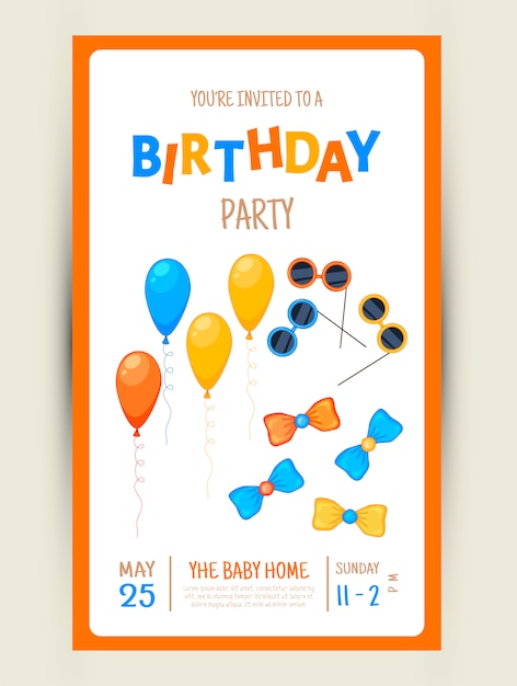 Colorful party invitation card with a festive items on a white