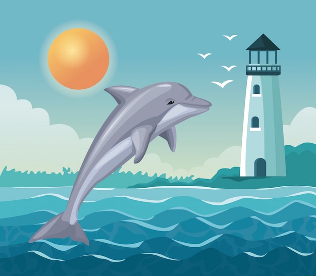 Colorful poster seaside with dolphin jump and lighthouse in coast Premium Vector