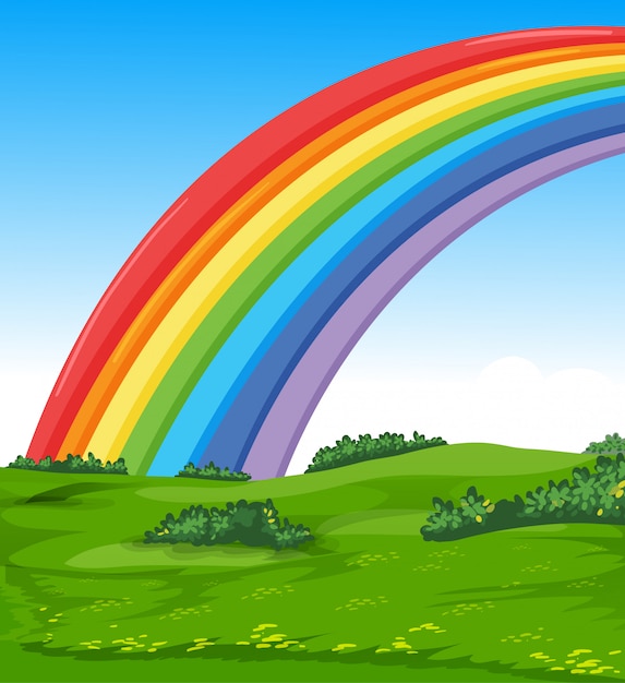 Colorful rainbow with meadow and sky cartoon style background | Free Vector