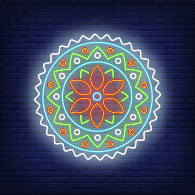 Colorful round mandala pattern neon sign | Free Vector