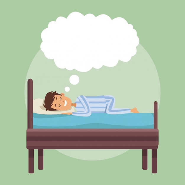 Premium Vector | Colorful scene boy dreaming in bed at night with cloud ...