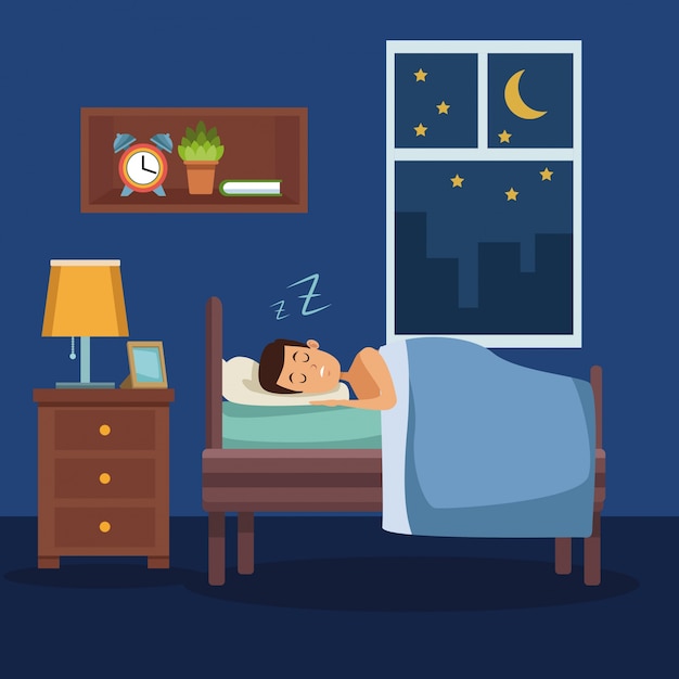 Premium Vector | Colorful scene man sleep with blanket in bedroom