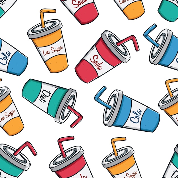 Colorful seamless pattern of soda cups with text Premium Vector