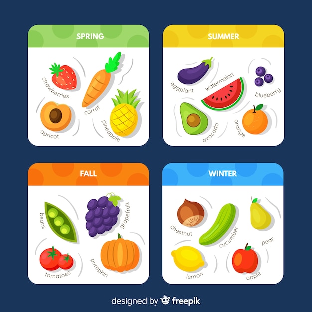 Colorful seasonal calendar of fruits and vegetables Free Vector