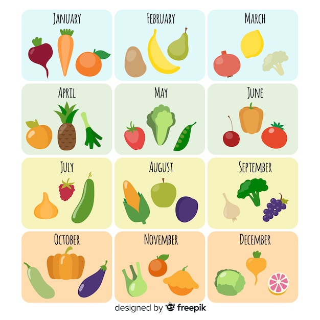 Colorful seasonal vegetables and fruits calendar Vector Free Download