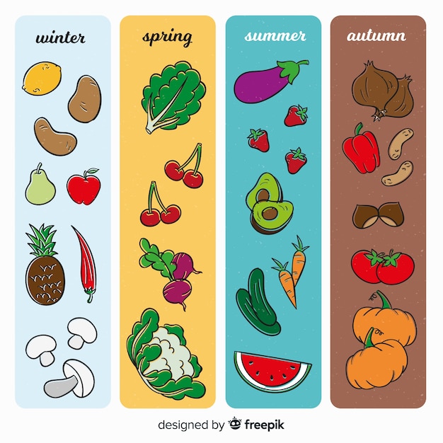 Colorful seasonal vegetables and fruits calendar Free Vector