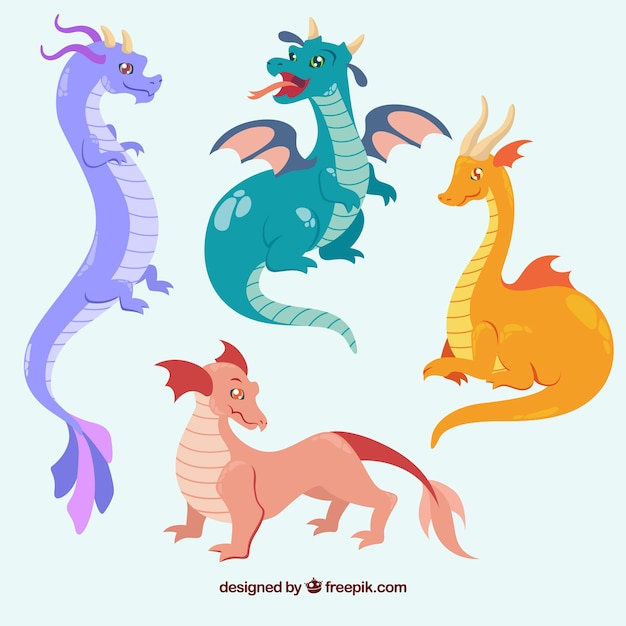 Colorful Set Of Dragons With Flat Design | Free Vector