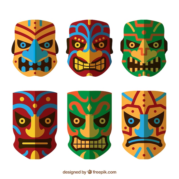 Colorful set of angry tiki masks