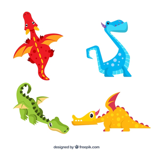 Colorful set of dragons with flat design
