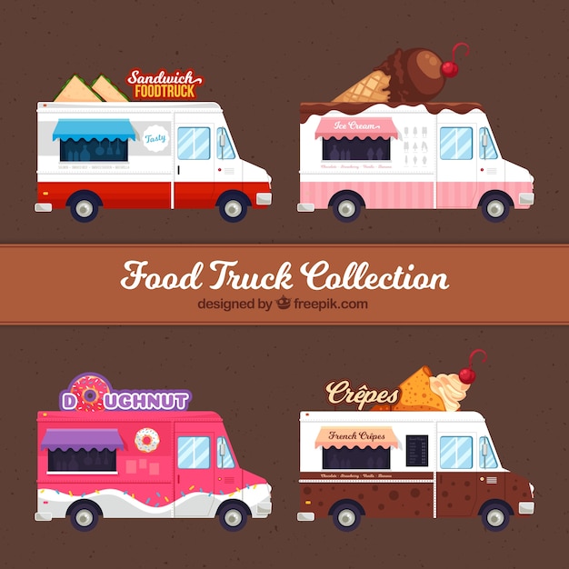 Colorful set of food trucks with
desserts