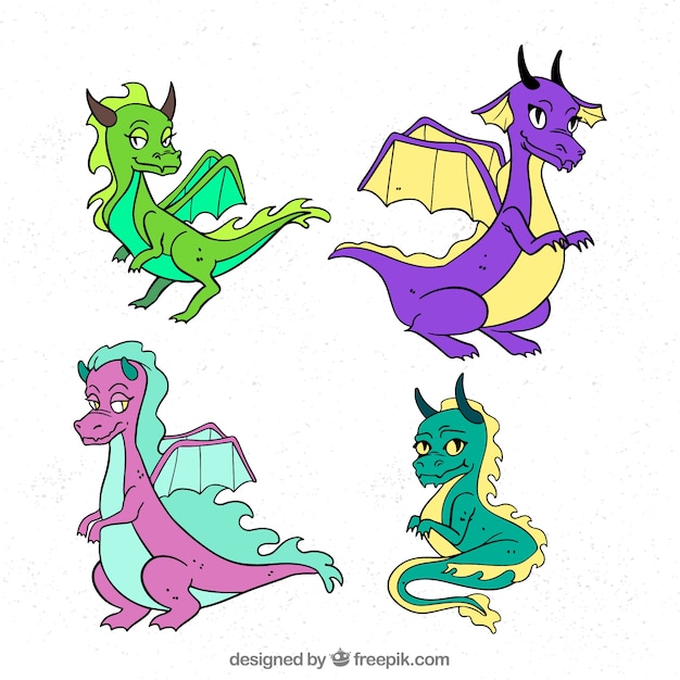 Colorful set of hand drawn dragon\
characters