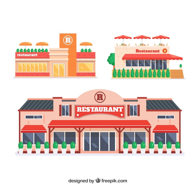 Colorful set of restaurants with flat\
design