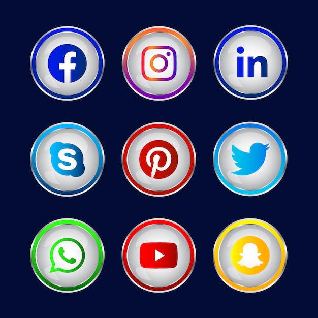 Colorful Shiny 3d Social Media Gradient Button Set With Round Icon Of 