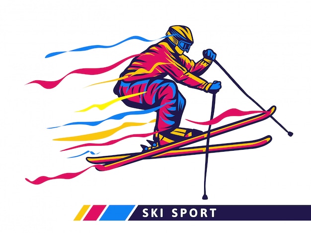 飛んでいるスキーヤーとカラフルなスキースポーツイラスト プレミアムベクター