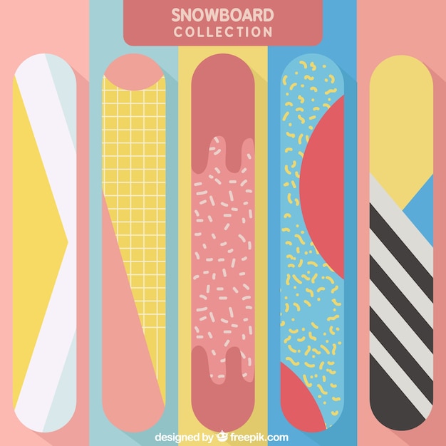Colorful snowboards with fantastic\
designs