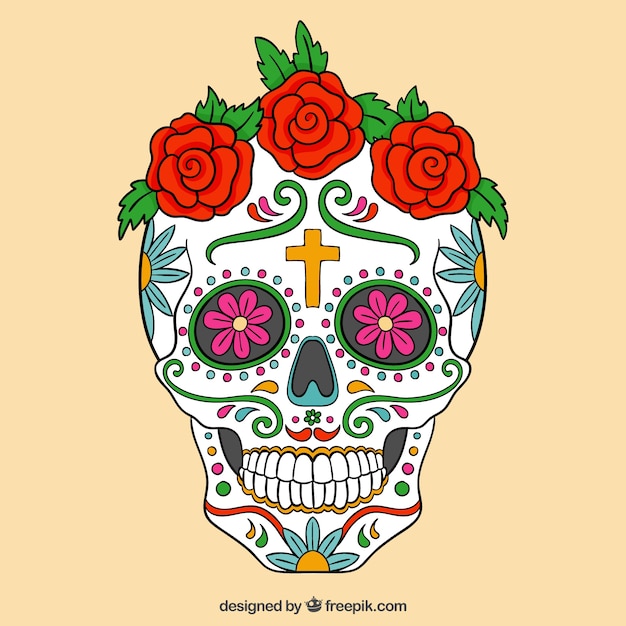 Colorful sugar skull with roses Vector | Premium Download