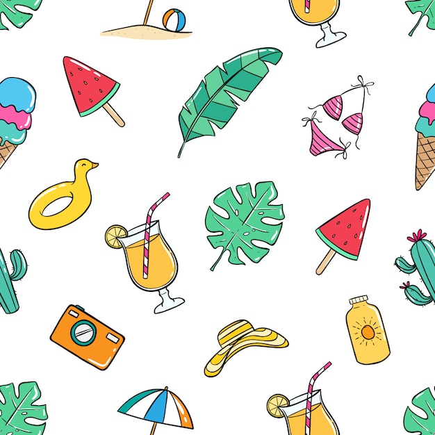 Colorful summer seamless pattern with doodle style | Premium Vector