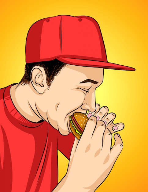 ジャンクフードを食べる男のカラフルなベクトルイラスト 彼の手でハンバーガーを保持している赤い帽子の男 プレミアムベクター