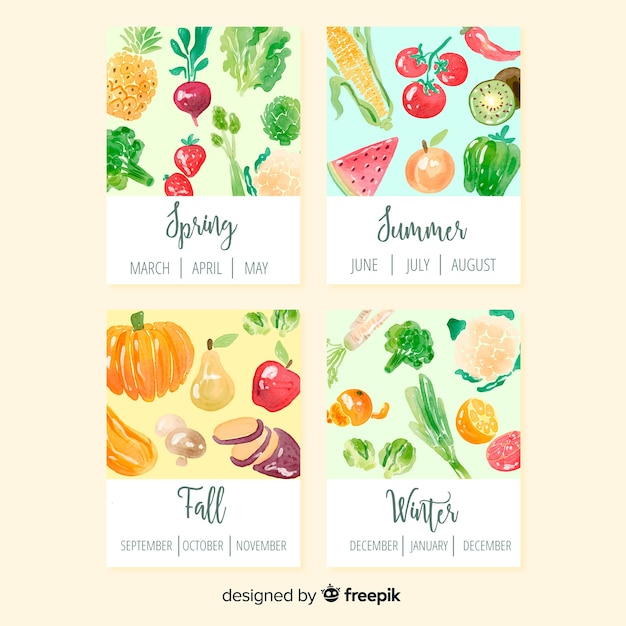 季節の野菜や果物のカラフルな水彩画カレンダー 無料のベクター