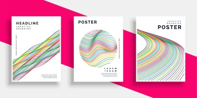 Free Vector Colorful Wavy Lines Cover Flyer Poster Designs Set