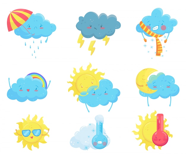 カラフルな天気予報アイコン 面白い漫画の太陽と雲 さまざまな感情を持つ愛らしい顔 モバイルアプリ ソーシャルネットワークステッカー 子供向けの本や印刷用のフラット プレミアムベクター