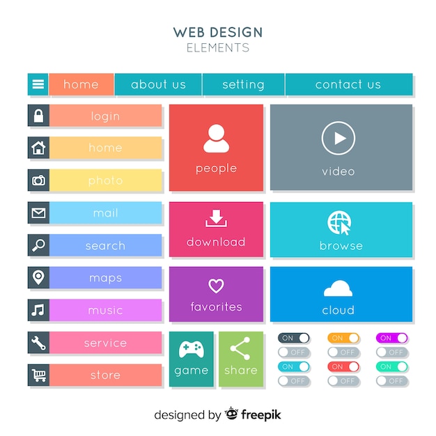 フラットデザインのカラフルなwebデザインのボタンコレクション 無料のベクター