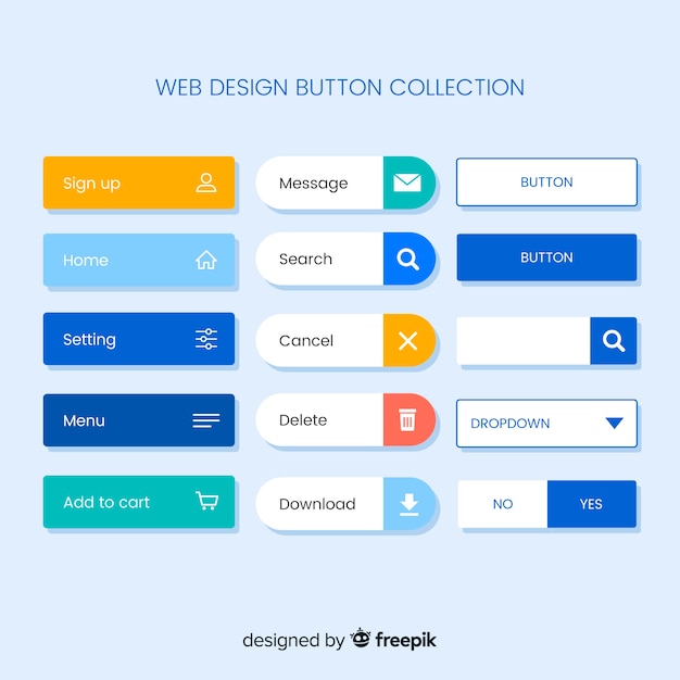 Colorful web design button collection with flat design | Free Vector