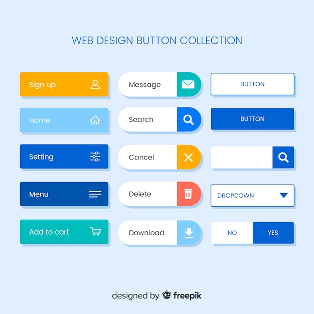 無料のベクター フラットデザインのカラフルなwebデザインのボタンコレクション