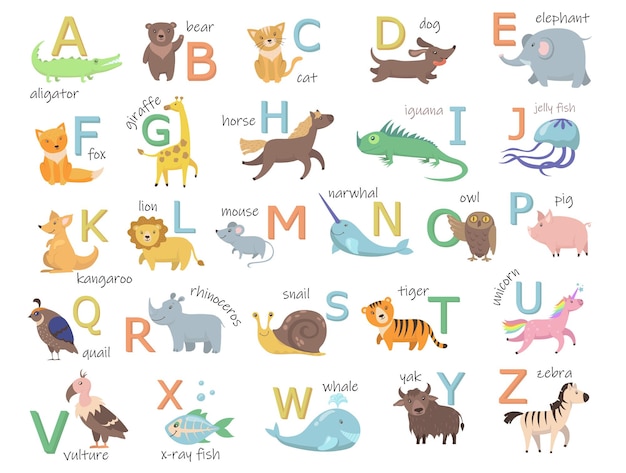 かわいい動物のフラットイラストセットでカラフルな動物園のアルファベット 無料のベクター