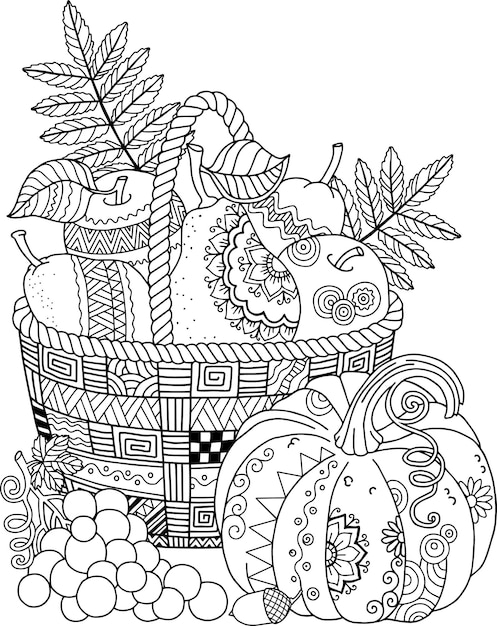 Download Premium Vector | Coloring book for adults in a doodle style thanksgiving day basket with apples ...