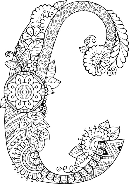 Premium Vector | Coloring book for adults. floral doodle letter c. hand ...