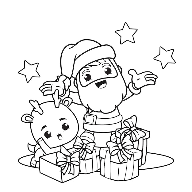 Premium Vector | Coloring book christmas day with santa claus and cute deer